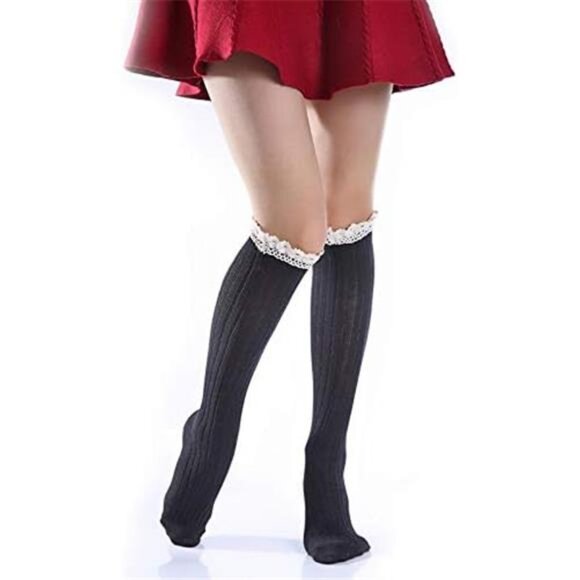Amazon.com: Syhood 4 Pack Cotton Women thigh high socks with  4 Pack Women Cotton Knit Boot Socks Knee High Socks Stockings with Lace Trim